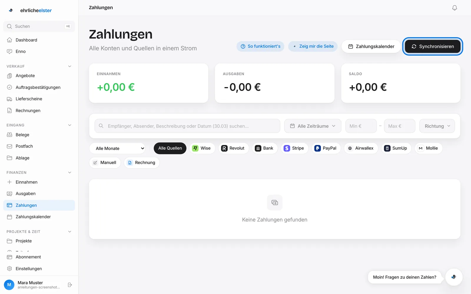 Seite „Zahlungen" mit Quellen-Filtern und hervorgehobenem Knopf „Synchronisieren"