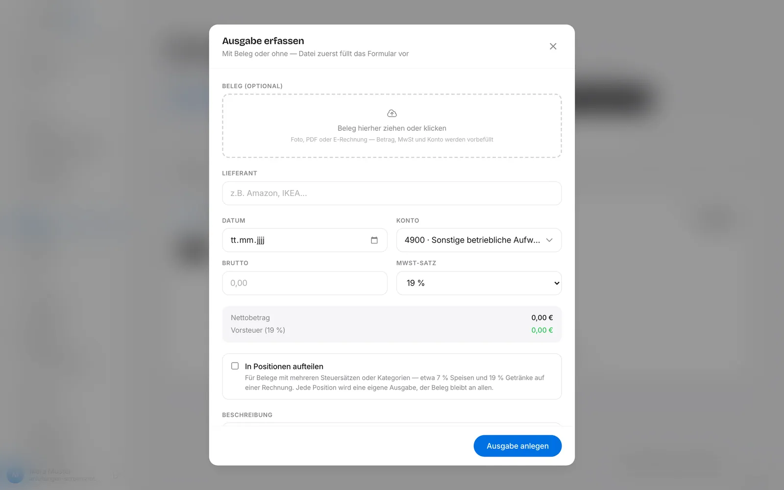 Formular „Ausgabe erfassen" mit Beleg-Ablagefläche, Lieferant, Datum, Konto, Brutto und MwSt-Satz