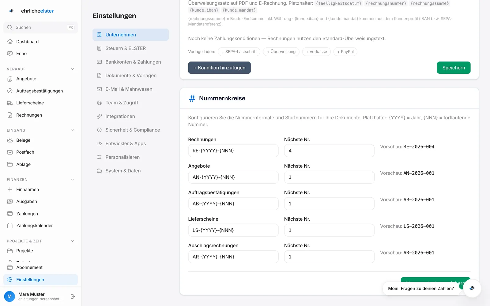 Karte „Nummernkreise" mit Format RE-{YYYY}-{NNN}, nächster Nummer und Vorschau je Belegart