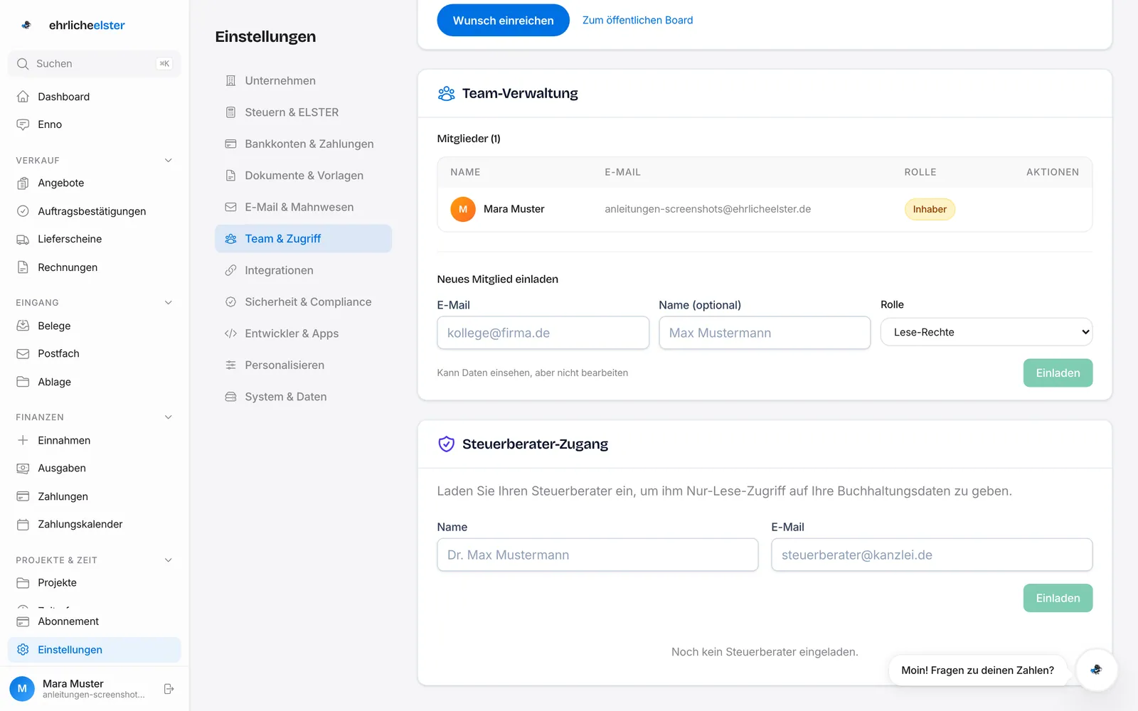 Einstellungen → Team & Zugriff: Team-Verwaltung und Karte „Steuerberater-Zugang" mit Name, E-Mail und „Einladen"