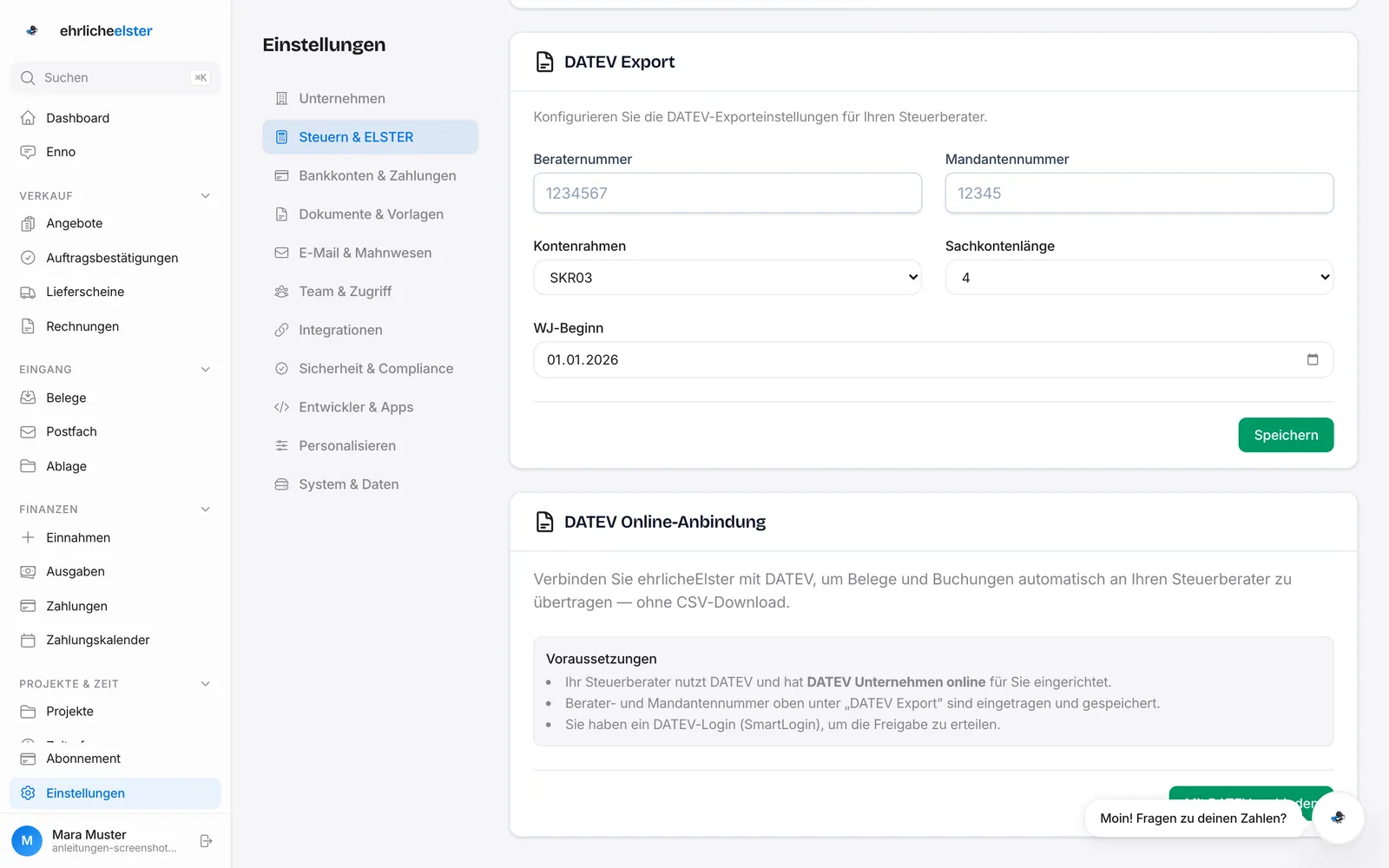 Karten „DATEV Export" mit Berater- und Mandantennummer und „DATEV Online-Anbindung" mit Voraussetzungen