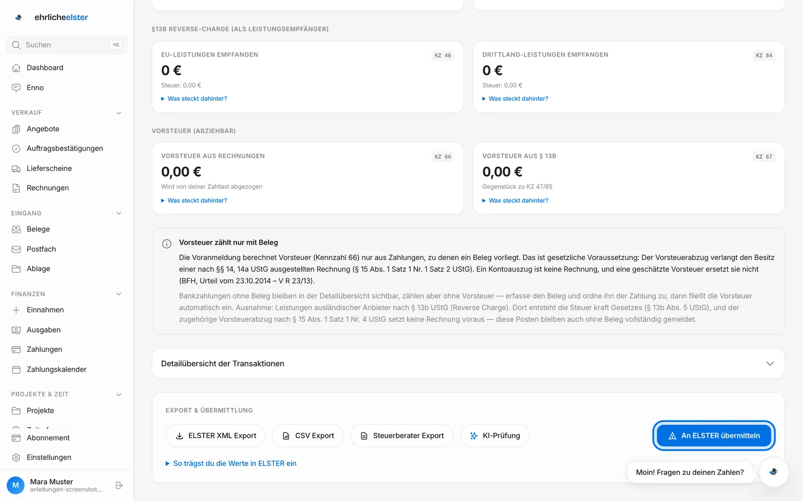 UStVA in der Profi-Ansicht: Zahllast (KZ 83), Umsätze 19 % und 7 %, Reverse-Charge und Vorsteuer je Kennzahl